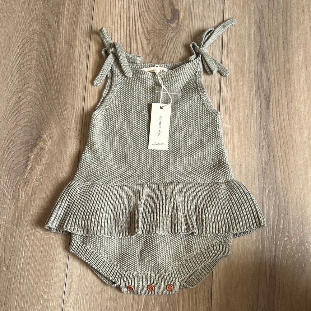 Quincy Mae Taupe Knitted Baby Romper with Ruffle
